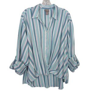 Chico's Striped blue white blouse sz 3 sz 16 with Twist front design Tab Sleeves